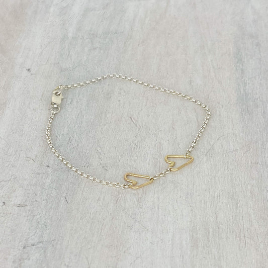 14k Gold Connected Hearts Bracelet with Silver Chain