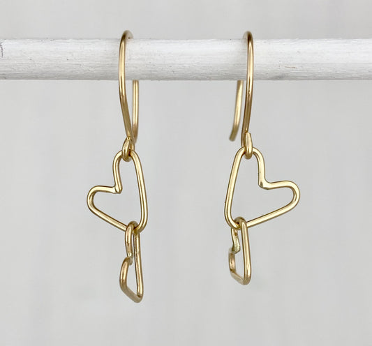 14k Gold Connected Hearts Dangle Earrings