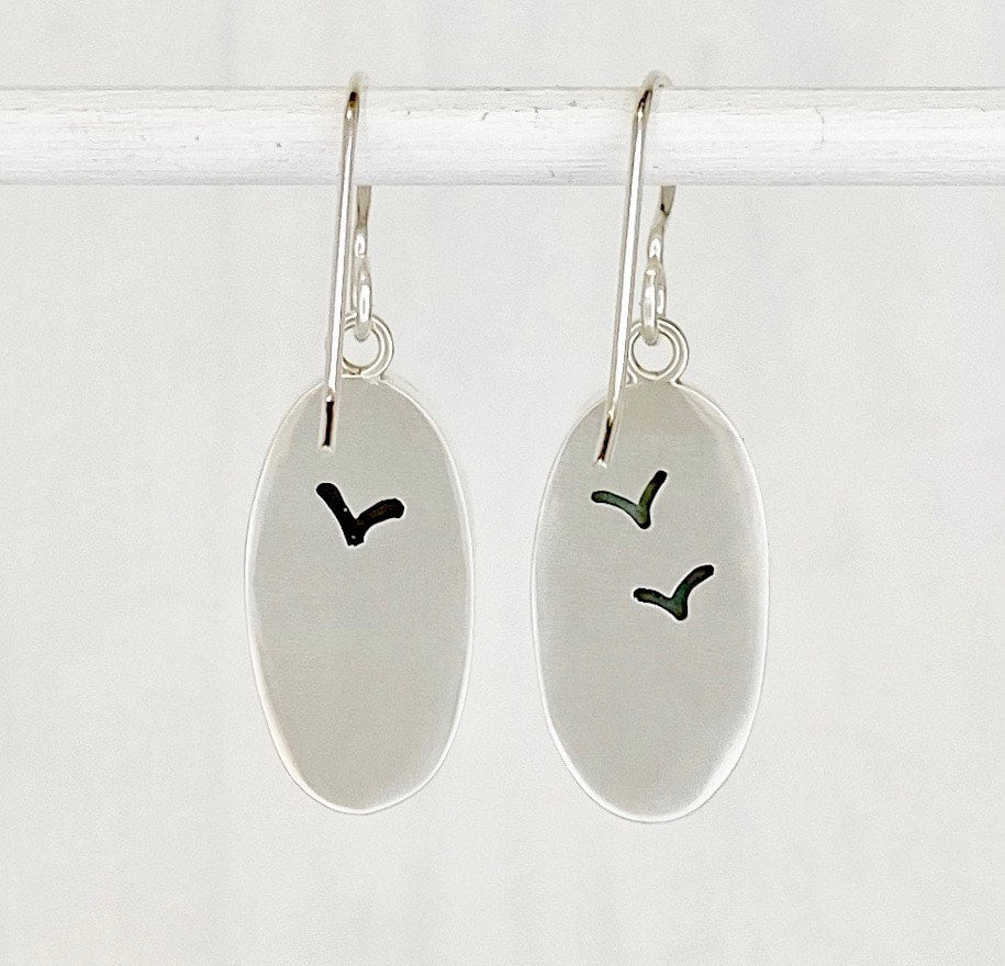 Oval Opalized Wood Dangle Earrings with Birds