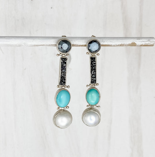 Turquoise, Mother of Pearl, and Spinel Earrings
