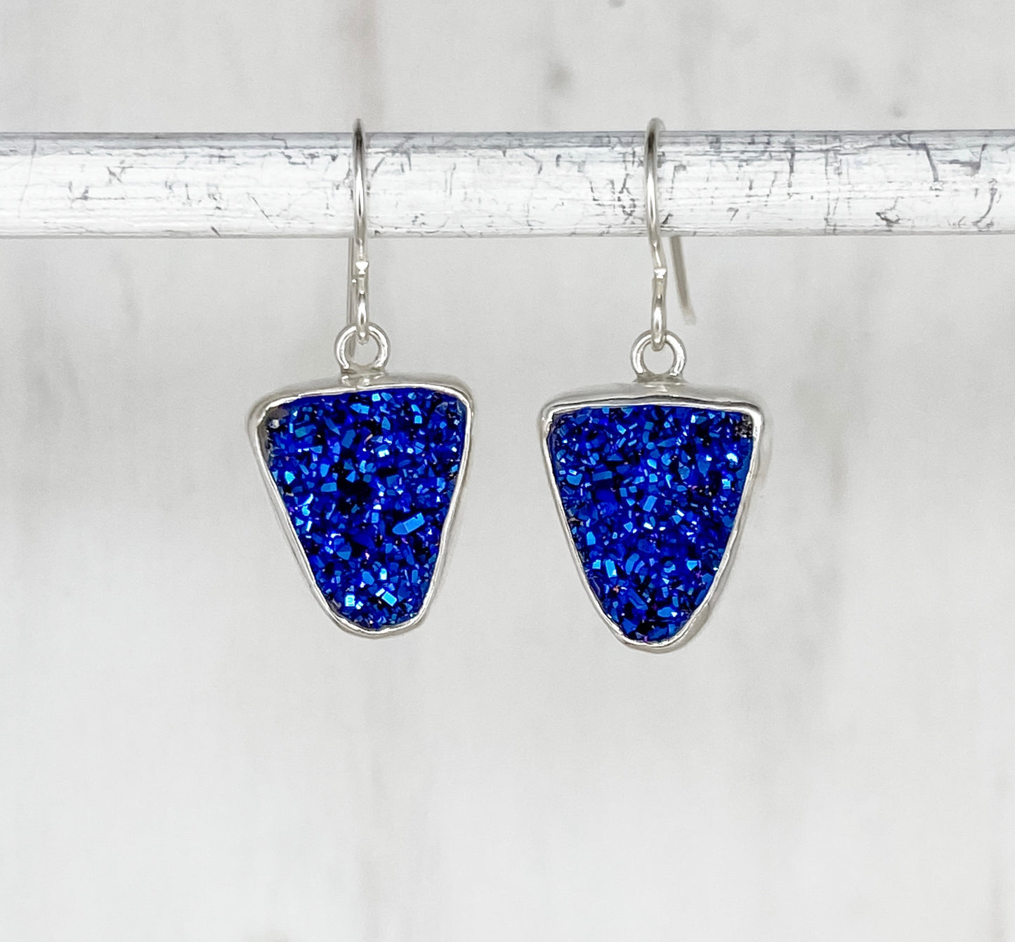Blue Druzy Triangular Dangle Earrings