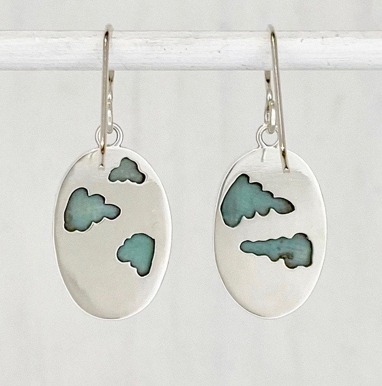 Oval Opalized Wood Dangle Earrings with Clouds