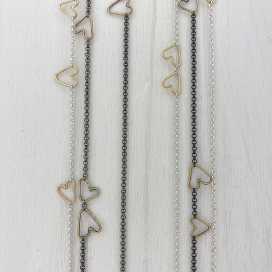 14k Gold Connected Hearts Necklace with Silver Chain