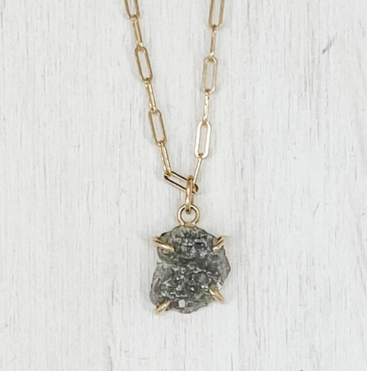 Raw Grey Diamond Necklace with 14k Yellow Gold Oval Link Chain