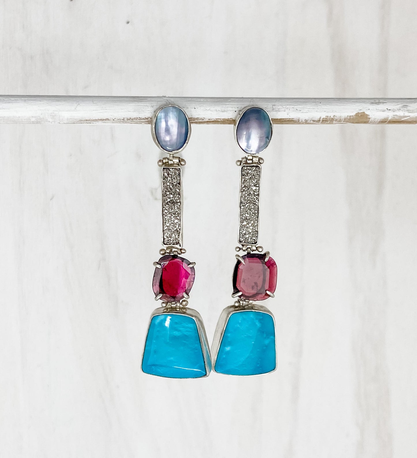 Hinged Earrings: Mother of Pearl, Druzy, Tourmaline, Turquoise