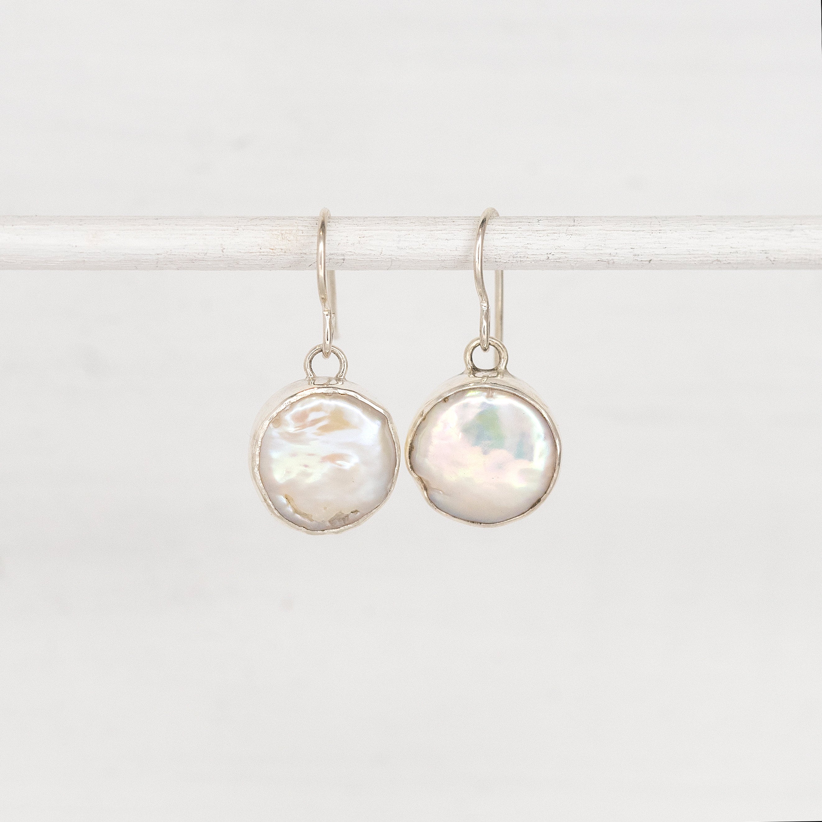 Modern White Coin Pearl Drop Wedding Earrings