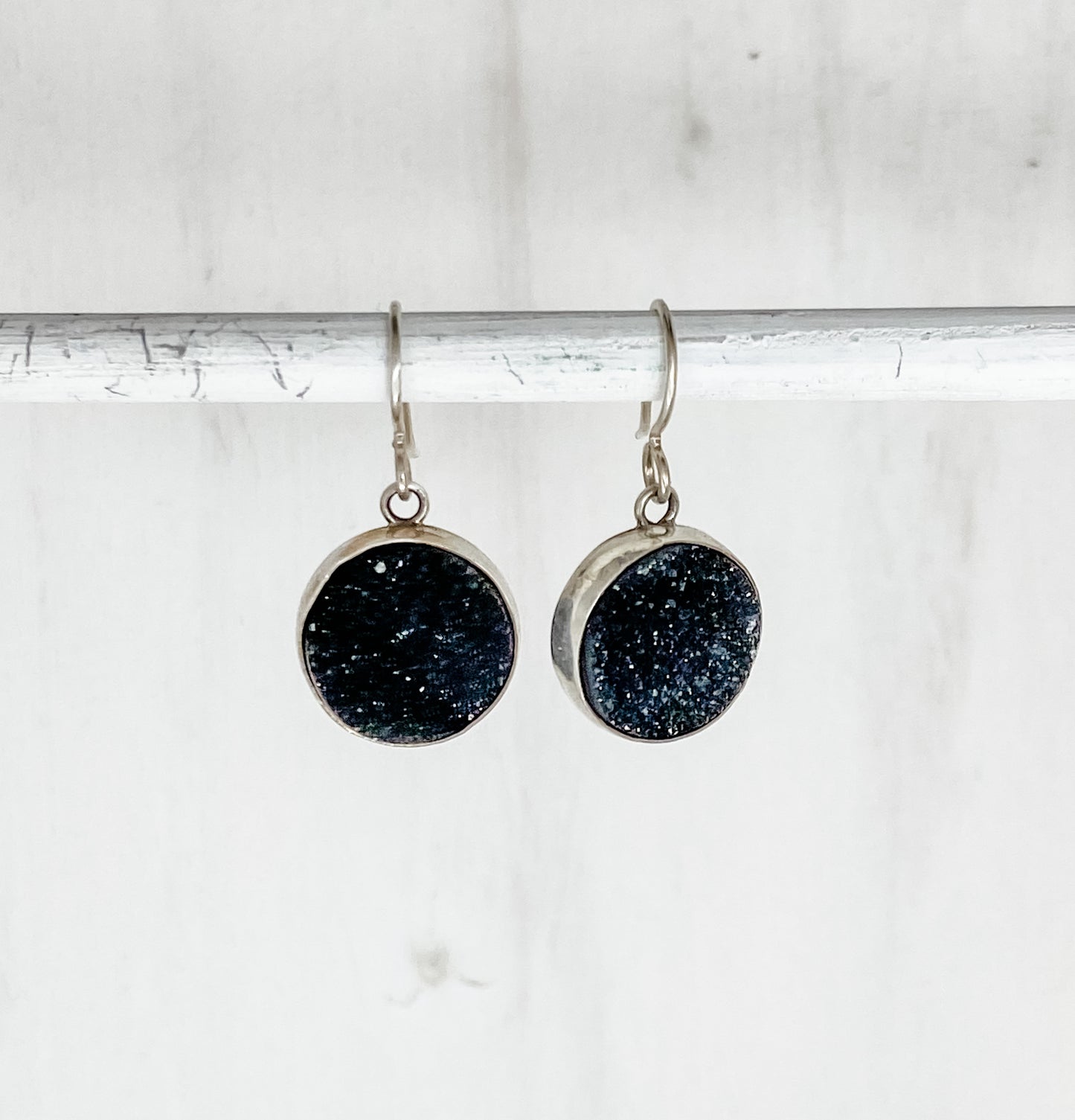 Round Black Druzy Dangle Earrings - Medium
